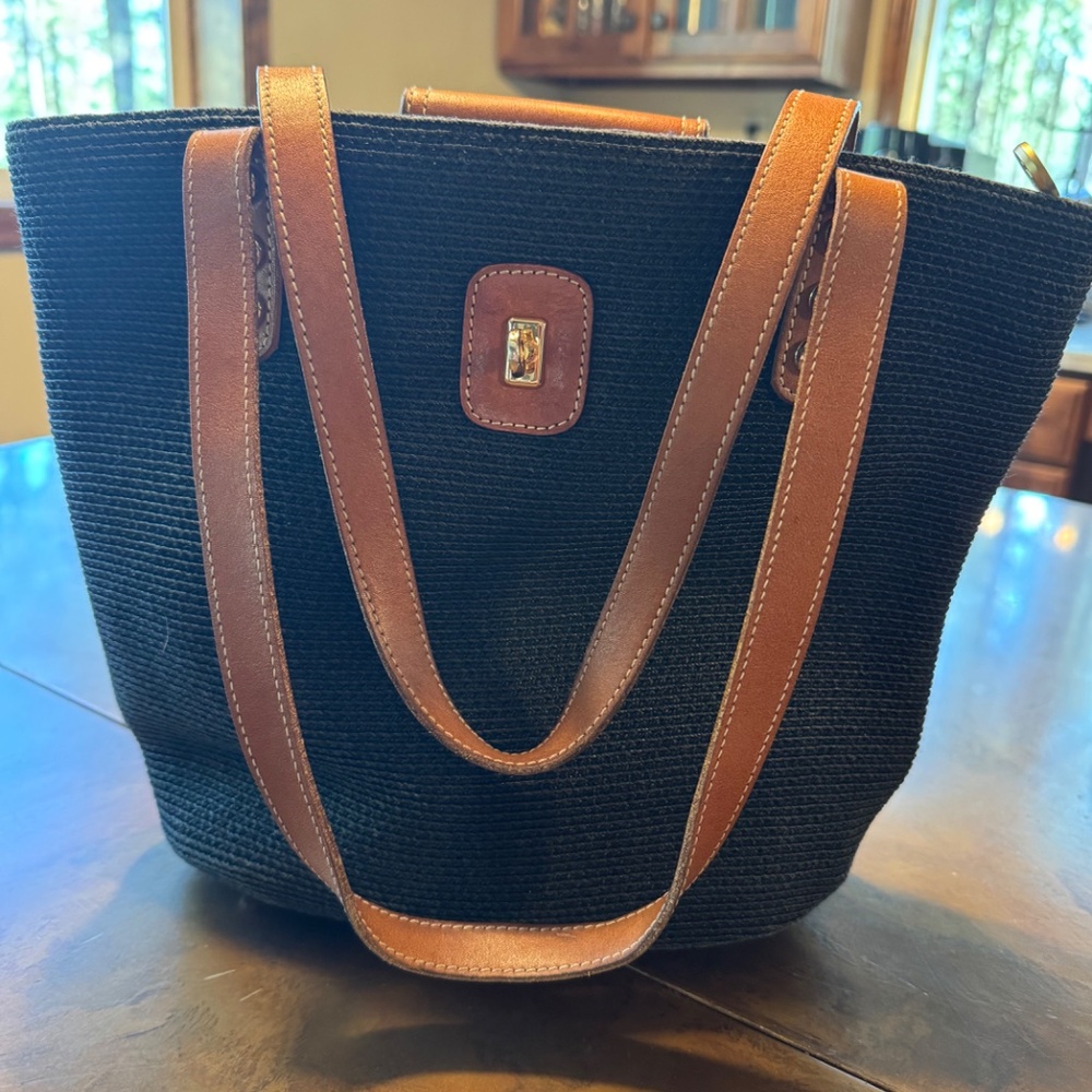 Eric Javits NY Woven Straw and Leather Handbag Black w/ Leather Tan Trim.